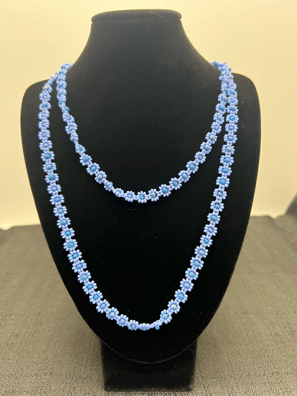 Purple and Blue Beaded Daisy Chain Necklace Handmade Seed Bead Flowers